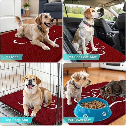 OLANLY Dog Door Mat for Muddy Paws 48x30, Paw Print Design, Absorbs Moisture and Dirt, Absorbent Non-Slip Washable Doormat, Quick Dry Chenille Mud Mat for Dogs, Entry Indoor Entryway Carpet, Red