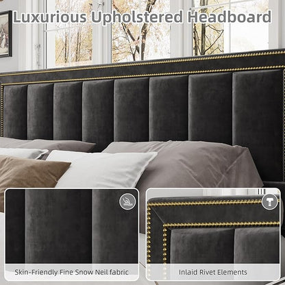 BarnFurin King Size Size Bed Frame with 50" Tall Headboard and Footboard, Chenille Upholstered Platform Bed, Vertical Channel Tufting with Nailhead Trim, No Box Spring Needed, Easy Assembly, Black