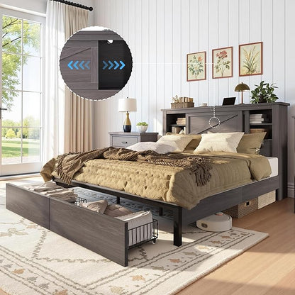 AMERLIFE 47.2" H King Bed Frame with Hidden Space Bookcase Headboard and Charging Station, Beds with 2 Storage Drawers and Wood Slats, No Box Spring Needed, Grey