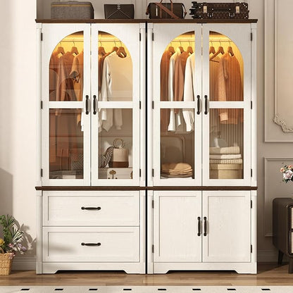 Tall Farmhouse 4 Doors Armoire Wardrobe Closet with LED ,72" Freestanding Arched Wardrobe Closet Cabinet for Bedroom w Glass Doors/Drawers,Wooden Clothing Storage Cabinet,Closets for Bedroom(Off Whit)