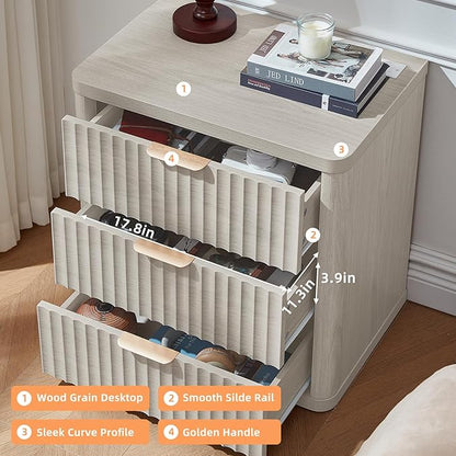 LEYAOYAO Fluted Farmhouse Nightstand Set of 2 with Charging Station, 23" Wide 3 Drawers Night Stand,LightGrey Dresser for Bedroom,Bed Side Table Chest of Drawers,Wood End Table for Living Room