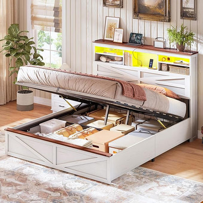 AOGLLATI Farmhouse Bed Frame Queen Size with Lift Up Storage & Hidden Bookcase Storage Headbord, Wood Queen Bed Frame with Charging Station, Led Lights, No Box Spring Needed, Antique White