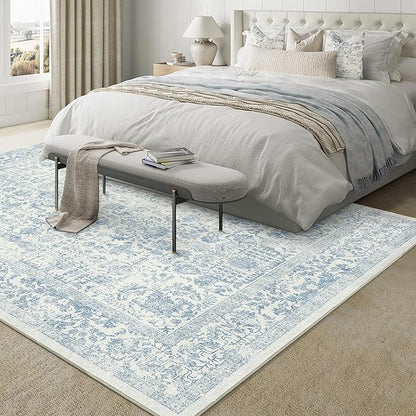 Blue Area Rug 6x9 Machine Washable Vintage Living Room Distressed Non Slip Carpet Traditional Indoor Bedroom Retro Floral Accent Throw Large Rug for Office Kitchen Dining Room