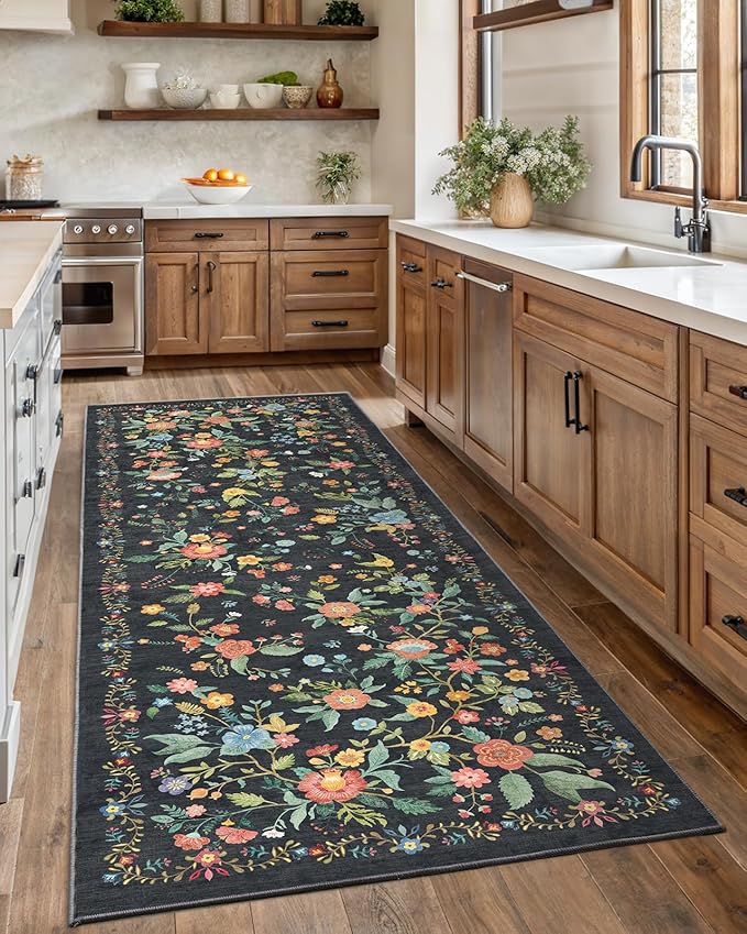 Amada 2.6x8 Washable Runner Rug, Non-Slip & Low-Profile Kitchen Area Rug with Reinforced Edge Binding, Boho Floral Pattern, Soft Long Entryway Rugs for Bedroom & Hallway