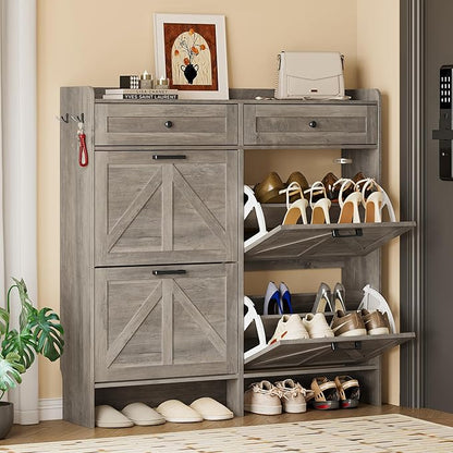 Shoe Storage Cabinet for Entryway, Farmhouse Wide Shoe Cabinet with 4 Flip Drawers and 2 Top Drawers, Freestanding Organizer with Adjustable Shelves, Hooks, and Anti-Tip Kit for Hallway