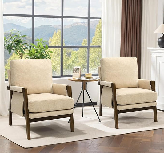 Accent Chairs for Living Room Set of 2, Modern Arm Chairs for Bedroom, Wooden Upholstered Mid Century Accent Chairs, Beige