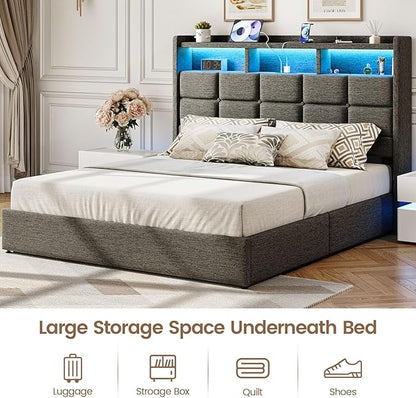 Lift Up Full Size Bed Frame with Storage, Upholstered Full Bed Frame with LED Lights Headboard and Charging Station, No Box Spring Needed, Easy Assembly - Dark Grey