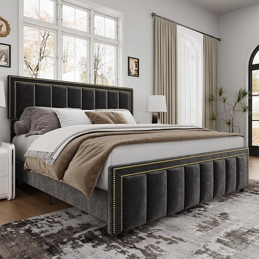 BarnFurin King Size Size Bed Frame with 50" Tall Headboard and Footboard, Chenille Upholstered Platform Bed, Vertical Channel Tufting with Nailhead Trim, No Box Spring Needed, Easy Assembly, Black