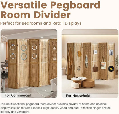 6 Panel Pegboard Display with 24 Hooks, Pegboard Room Divider and Folding Privacy Screens, Partition Room dividers, Wooden Room Divider Wall, Jewelry Store, Bedroom, Balcony, Light Brown