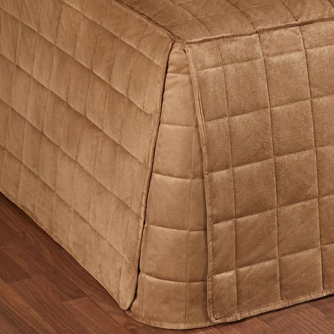 Camden Luxury Bedding | Neutral Camel Color | Fitted Extra Long Hollywood Daybed | Faux Suede Box Quilted Design | 5 Piece Set Includes Extra Long Hollywood Cover, 2 Bolster Shams, & 2 Bolster Pillows