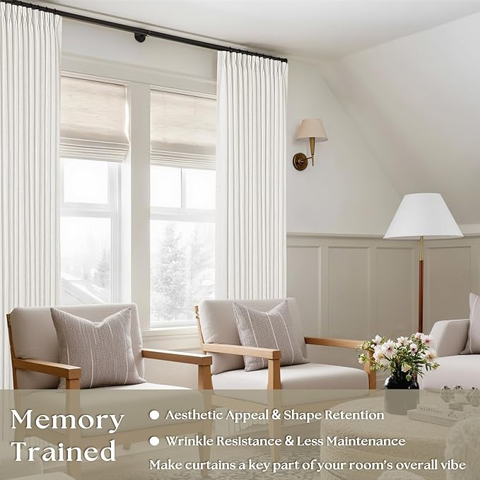 Beige White Pinch Pleated Linen Curtains 92 Inches Long 2 Panels for Living Room Bedroom Memory Training Shaped Semi Sheer Pleat Drapes with Hooks Rings Light Filtering Window Curtain 40x92