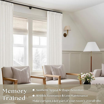 Pinch Pleated Linen Curtains 96 Inches Long for Living Room Bedroom Light Filtering Boho Window Drape 96 inch 2 Panels with Hooks Rings 8ft Cream Beige White Sliding Glass Door Semi Sheer Curtain