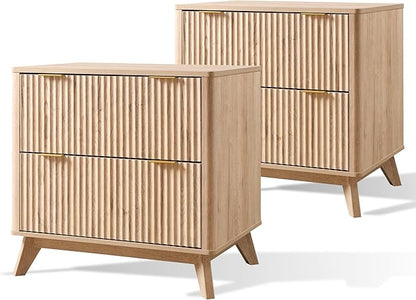 T4TREAM Fluted Night Stand Set 2, 30" Tall Bedside Table with 2 Drawers & Large Tabletop, Modern Wood Side Tables Bedroom, End Table for Living Room, Natural Oak