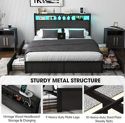 Fabuils Full Size Bed Frame with Storage, LED Wood Bed Platform with Headboard, 4 Drawers, Charging Station, No Box Spring Needed, Metal Support Base,Charcoal Grey
