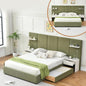 Queen Bed Frame with Storage & Built-in Nightstands, Velvet Upholstered Platform Bed Frame with Drawers & 2 Floating Storage Shelves, Noise-Free, No Box Spring Needed, Easy Assembly, Green