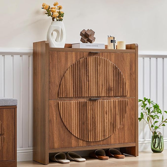 Narrow Shoe Cabinet with 2 Flip Drawers for Entryway,Wood Slim Shoe Rack Cabinet, Freestanding Hidden Shoe Storage Organizer, Space-Saving, Round Fluted Pattern for Hallway,Living Room (Walnut)