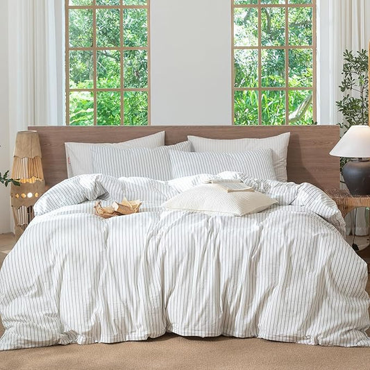 MooMee Striped Duvet Cover Set 100% Washed Cotton Linen Like Textured Breathable Durable Soft Comfy (White Heathered Green Wide Stripes, Super King 108"x98")