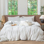 MooMee Striped Duvet Cover Set 100% Washed Cotton Linen Like Textured Breathable Durable Soft Comfy (White Heathered Green Wide Stripes, Super King 108"x98")