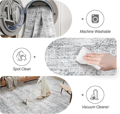 7x9 Area Rug for Living Room Washable Abstract Vintage Soft Thin Indoor Floor Non-Slip Carpet for Bedroom Dining Room Grey