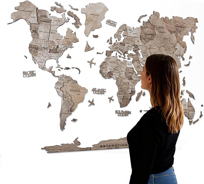 Handmade 3D Wood World Map Wall Art Large Wall Decor Track Your World Travels - Special for Home, Kitchen and Office (Large, Terra)