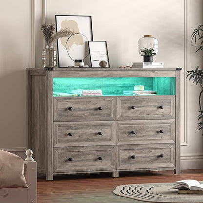 Dresser for Bedroom with 6 Drawers, Wide Chest of Drawers with LED Light and Power Outlet, Wooden Closet Organizer Clothes Storage Cabinet, Modern Double Dressers for Living Room, Hallway, Grey