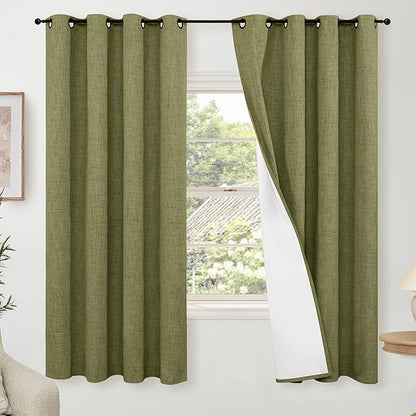Olive Green 100% Linen Blackout Curtains for Living Room 63 Inch Long 2 Panels, Thermal Insulated Noise Reducing Window Total Black Out Curtains for Bedroom, Each 52x63 Inch 2 Panels