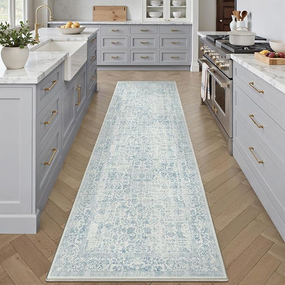 Blue Runner Rug 3x7 Hallway Machine Washable Kitchen Vintage Distressed Non Slip Long Carpet Indoor Retro Floral Bedroom Accent Throw Rug for Bathroom Office Laundry Dining Room