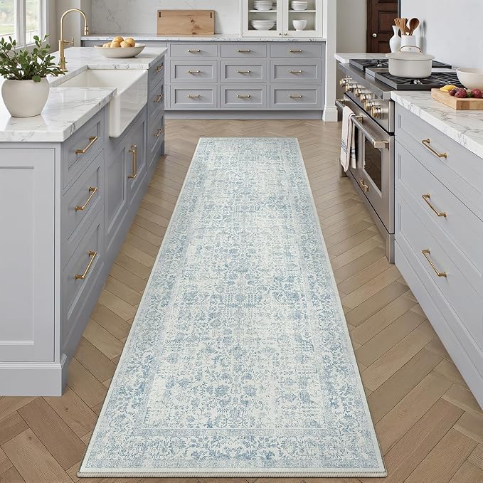Blue Runner Rug 2x5 Hallway Machine Washable Kitchen Vintage Distressed Non Slip Long Carpet Indoor Retro Floral Bedroom Accent Throw Rug for Bathroom Office Laundry Dining Room