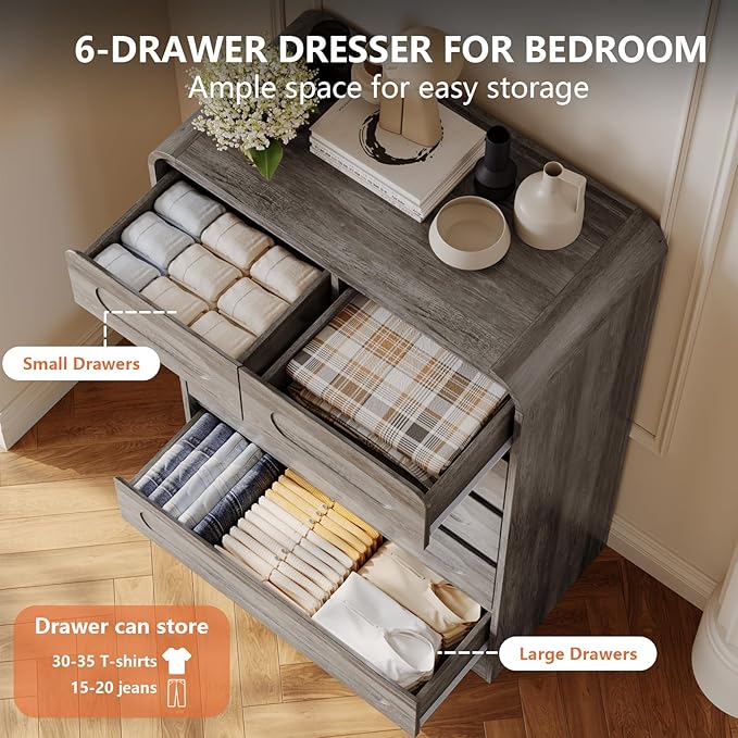 5 Piece Bedroom Sets, Modern Dresser and Nightstand Sets & Bookshelf with Safe Curved Design, Including Tall Bookshelf High & Wide 6 Drawer Dressers and Night Stand Set of 2 for Bedroom, Grey