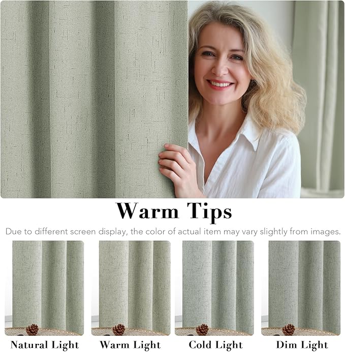 H.VERSAILTEX Linen Blackout Curtains 45 Inches Long 100% Absolutely Blackout Thermal Insulated Textured Linen Look Curtain Draperies Anti-Rust Grommet, Energy Saving with White Liner, 2 Panels, Sage
