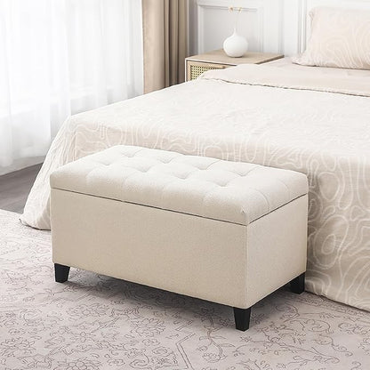 Asense Storage Ottoman Bench, Tufted Fabric Upholstered End of Bed Bench with Safety Hinge Wooden Legs, for Entryway Bedroom (Cotton and Linen Beige, 33.3")