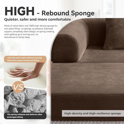 Upgrade High Backrest Design Sofa Bed with Fixed-Shape Frame & Removable Armrests and Backrest, Corduroy Fabric, Convertible Mattress Couch for Small Spaces - No Assembly Needed (High Backrest Brown)