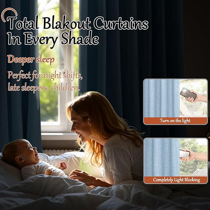 Baby Blue Linen Blackout Curtains for Nursery 63 Inch Length 2 Panels Set, Thermal Insulated Boho Total Black Out Noise Reducing Bonzer Grommets Window Curtains for Kids Bedroom, Each 38 Inch Wide