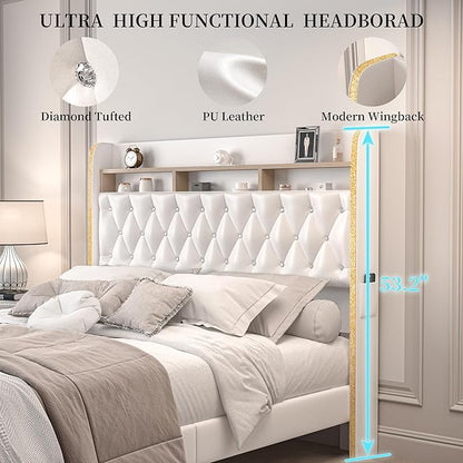 Full LED Bed Frame with 2 Storage Drawers, PU Upholstered Platform Beds with Galaxy Star Projector Charging Station Speaker, Aurora Bedframe with 2-Tier Storage Headboard, Noise-Free, White