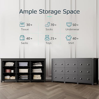 Dresser for Bedroom with 9 Drawers, Farmhouse Wood Chest of Drawers, Wide TV Stand Closet Storage Furniture with Metal Handle, Modern Clothes Organizer for Hallway, Living Room, Entryway, Black