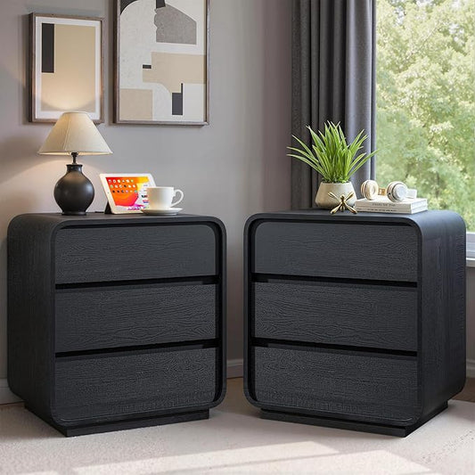 Black Curved Night Stand Set of 2 with Charging Station, 25" Tall Wood Bedside Table Nightstand with 3 Storage Drawers, Mid Century Modern End Table for Bedroom, Office