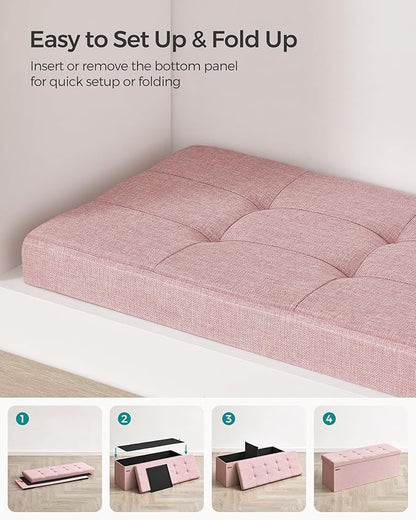 SONGMICS MAZIE Collection - 43 Inches Folding Storage Ottoman Bench, Ottoman Foot Rest, End of Bed Bench, Storage Chest, Load 660 lb, for Living Room, Bedroom, Entryway, Jelly Pink ULSF077R11