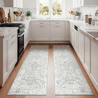 jinchan Lima Kitchen Runner Rug 3x8-2pcs, Bohemian Hallway Washable Rug Floral Non Slip with Rubber Backing Vintage Carpet Runner for Bedroom Bathroom Laundry Room Living Room Decor Grey
