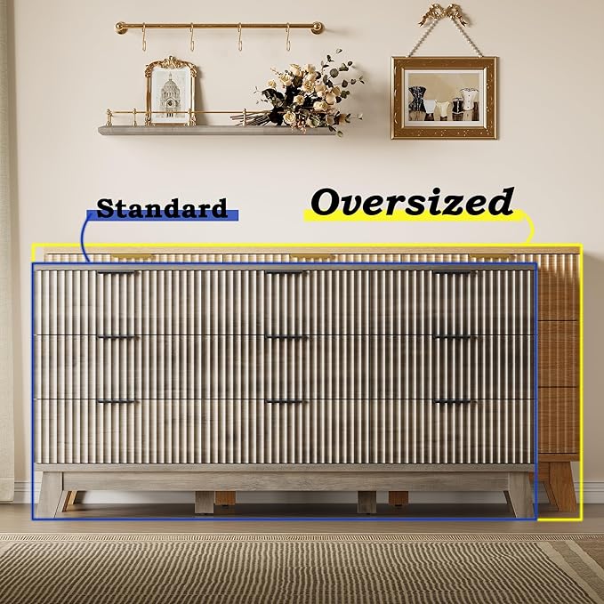 Fluted 9 Drawer Dresser, 57.1" Wide Modern Boho Chest of Drawers, Wooden Storage Dresser TV Stand for Bedroom, Living Room, Closet, Hallway, Curved Profile Design
