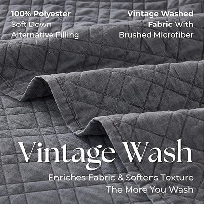 Cali King Quilt Set with Shams Lightweight Quilted Bedspread Coverlet Thin Comforter Bed Cover Vintage Washed Quilted Blanket for All Season, Brushed Microfiber Diamond Stitching, Ash Gray, 111"x92"