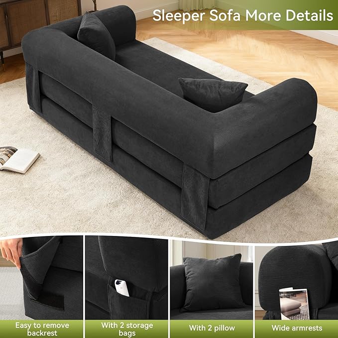 Convertible Sofa Bed,80" Folding Sleeper Sofa Bed Queen with Pillows & Storage,Corduroy Pull Out Couch Boneless Couches for Living Room,Compressed Couch in a Box,Deep Gray