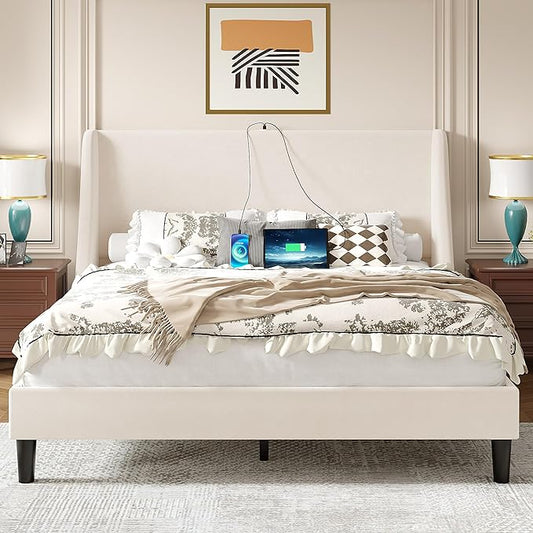 VECELO Full Bed Frame with Upholstered Wingback Headboard, Heavy-Duty Platform Bedframe with Charging Station, Wooden Slats, No Box Spring Needed, Beige