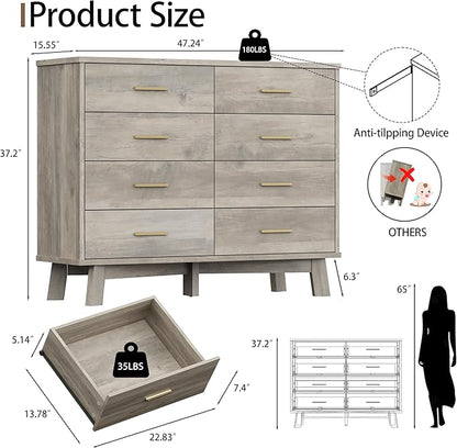 Dresser for Bedroom, 8 Drawer Wide Modern Chest of Drawers with X-Shaped Sturdy Base, Wood Double Dresser Closet Clothes Storage Organizer, Wooden TV Stand for Living Room, Hallway, Grey