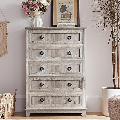 Farmhouse 5 Drawer Dresser for Bedroom Set of 2, 42" Tall Small Dressers & Chest of Drawers, Rustic Wood Dresser with Metal Handle, Storage Organizer Closet for Living Room, Hallway,Entryway