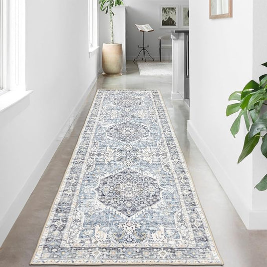 Runner Rug 2×8, Vintage Boho Rug,Ultra-Soft Low Pile, Washable, Non Slip,Stain Resistant Printed Carpet for Hallway Kitchen Living Room Bedrooms Playroom Office, Light Blue
