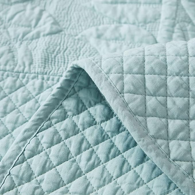 MarCielo 100% Cotton Quilt Set - 3-Piece Embroidered Farmhouse Bedspread & Shams, All-Season Breathable Bedding(Aruba Blue,Queen)