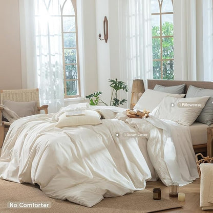 MooMee Striped Duvet Cover Set 100% Washed Cotton Linen Like Textured Breathable Durable Soft Comfy (Almond Milk Grey Pinstripes, Twin 68"x90")
