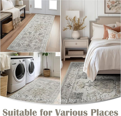 jinchan 2x3 Washable Rug for Entryway - Vintage Floral Ultra-Thin Low Pile Soft Small Non-Slip Distressed Indoor Doormat Accent Rug for Entrance Kitchen Bathroom Bedroom (2x3ft, Taupe)