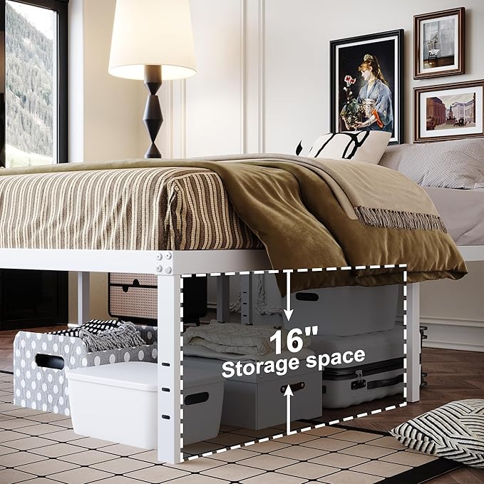 18 Inch White Twin Bed Frame Heavy Duty No Box Spring Needed Metal Platform with Maximum Storage, Easy Assembly, Noise Free