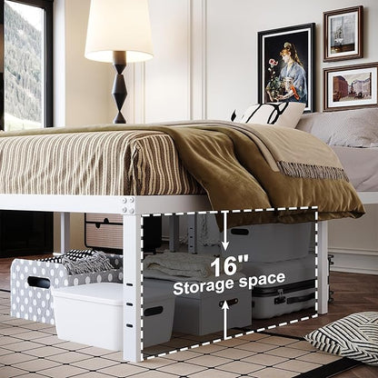 18 Inch White Full Size Bed Frame Heavy Duty Metal Platform No Box Spring Needed, Maximum Storage, Easy Assembly, Noise Free